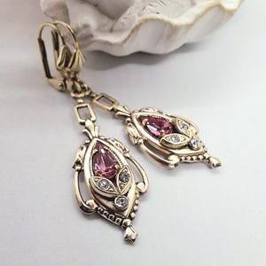 Victorian style gold tone dange drop Pink crystal earrings Gold dangle drop earrings Teardrop Art Nouveau brass earrings