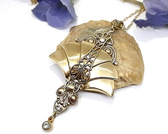 Brass Art Deco Filigree Fan Pendant Necklace