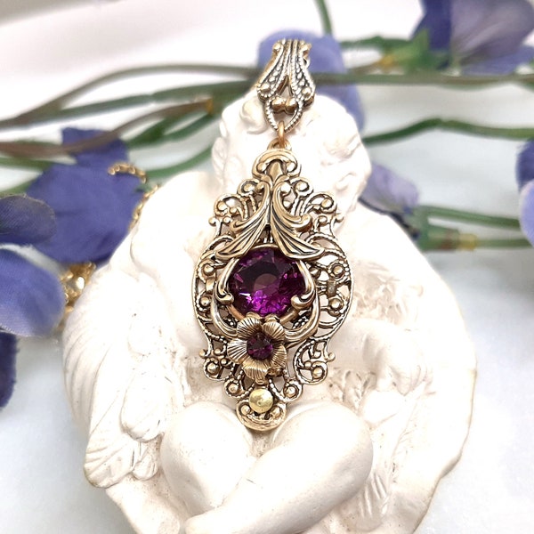 Victorian filigree Swarovski crystal flower pendant Antique Art deco layering necklace Art Nouveau filigree Amethyst crystal necklace