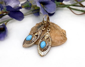 Dangle turquoise Victorian style earring Art Deco antique style gold earrings Boho turquoise gold teardrop earrings Drop brass blue earrings