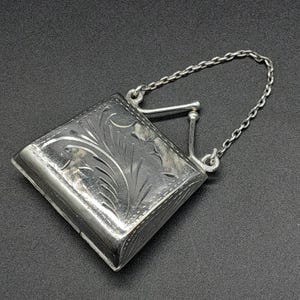 Vintage Silver Pill Box, Handbag with Chain, 1992
