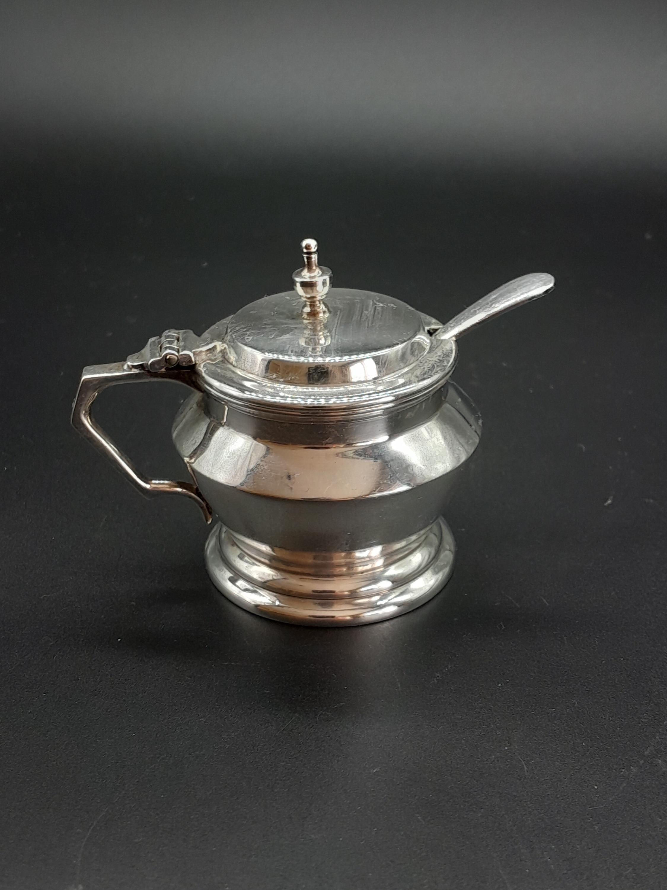 ヴィンテージ スターリングシルバー マスタードポット、ブルーガラス