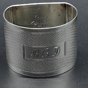 Vintage Sterling Silver Napkin Ring, Half Circle shape, 1941, Engraved with Letters BCD