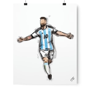 Puede incluir: Una ilustraci&oacute;n en blanco y negro de un jugador de f&uacute;tbol que lleva una camiseta a rayas azul claro y blanca con el n&uacute;mero 10 en la parte delantera. El jugador est&aacute; corriendo y tiene los brazos extendidos.