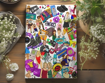 May include: A colourful collage of 90s pop culture icons, including characters from popular TV shows, films, and music videos. The collage features a variety of colours, including red, blue, green, yellow, and purple. The collage also includes a variety of objects, including a cassette tape, a boombox, a video game cartridge, a pair of rollerblades, and a pair of trainers.