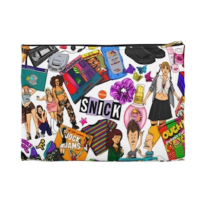 May include: A white zippered pouch with a colorful, 90s-themed pattern. The pattern includes cartoon characters, logos, and objects like a boombox, a hair scrunchie, and a bottle of body spray. The text "SNICK" is prominently displayed in black letters.