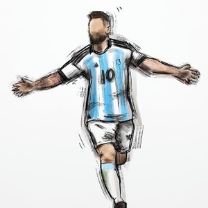 Puede incluir: Una ilustraci&oacute;n digital de un jugador de f&uacute;tbol que lleva una camiseta a rayas azul claro y blanca con el n&uacute;mero 10 en la parte delantera. El jugador est&aacute; celebrando un gol con los brazos extendidos.