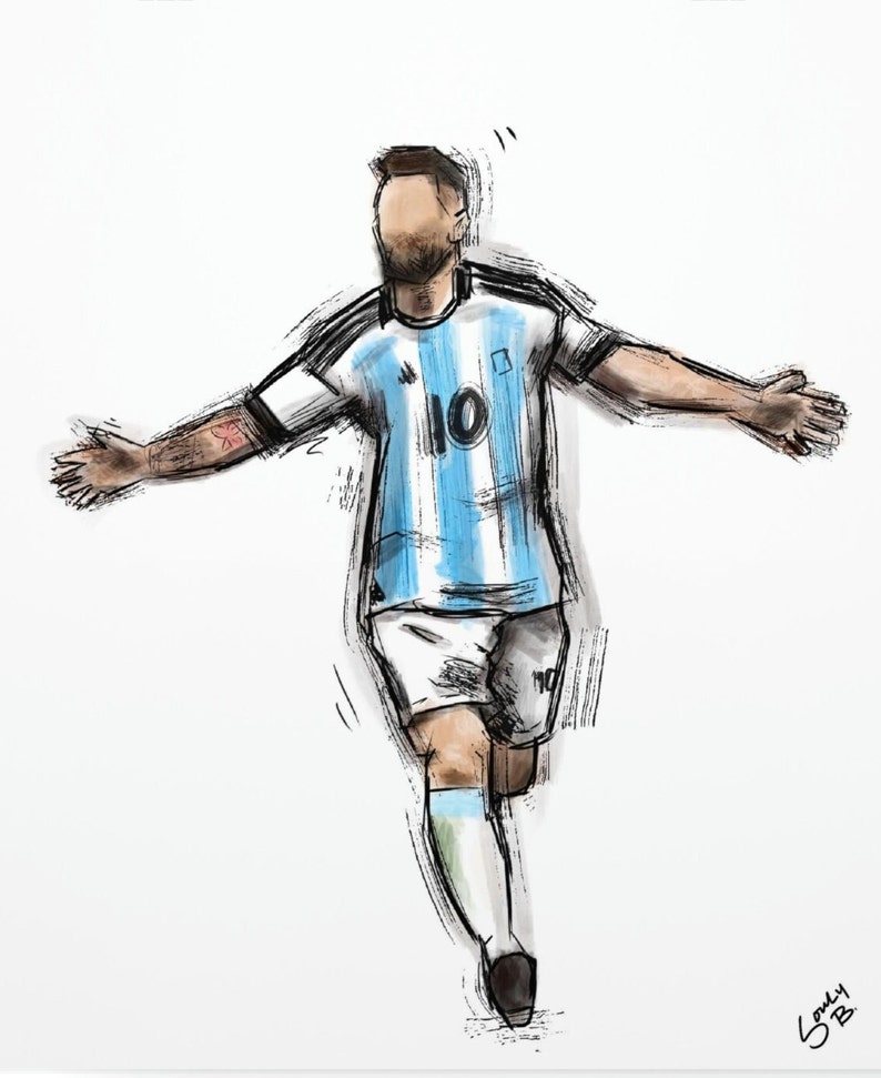 Puede incluir: Una ilustraci&oacute;n digital de un jugador de f&uacute;tbol que lleva una camiseta a rayas azul claro y blanca con el n&uacute;mero 10 en la parte delantera. El jugador est&aacute; celebrando un gol con los brazos extendidos.