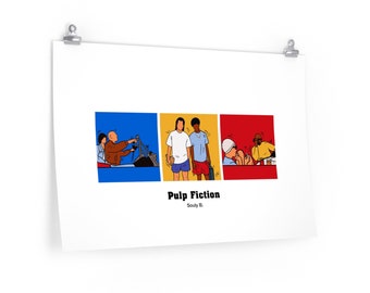 Puede incluir: Un póster con un diseño minimalista que presenta tres escenas de la película Pulp Fiction. Las escenas están en tres cuadrados de diferentes colores: azul, amarillo y rojo. El texto "Pulp Fiction" y "Souly B." está en la parte inferior del póster.