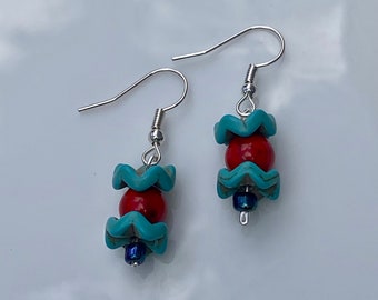 Turquoise and Red Howlite Dangle Earrings