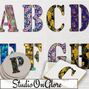 Digitaal collageblad met bloemenmonogram.  Directe download van 2-1/3"-alfabetletters. Gepersonaliseerd cadeau, junkdagboeken, plakboeken, decoupage