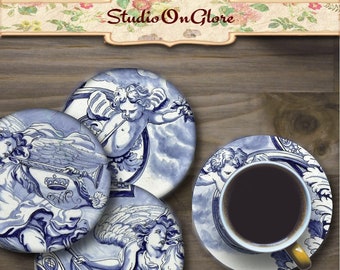 Vintage Delft Blue Angel Circle Designs, Printable 3" & 4" Gift Tags, Coasters, Cake Toppers, Journal Embellishments (Digital Download)