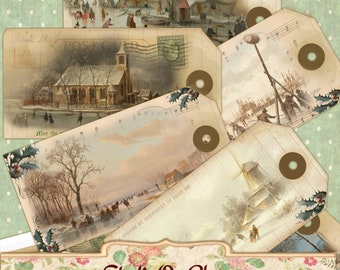 Scene invernali olandesi d'epoca - 12 etichette e cartellini regalo retrò stampabili / Diari spazzatura / Scrapbooking