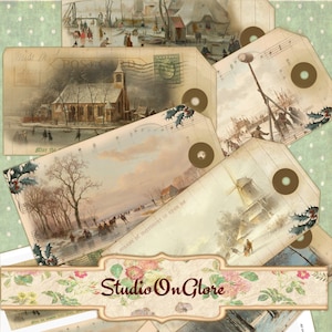Escenas de invierno holandesas vintage: 12 tarjetas imprimibles y etiquetas colgantes de regalo para diarios basura y álbumes de recortes. Retro Ephemera, descarga de hoja de collage