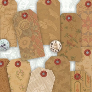 Grandes étiquettes en papier kraft brun avec des motifs vintage superposés. Éphémères neutres minables imprimables pour les journaux indésirables, les albums de coupures, les étiquettes, la découpe.