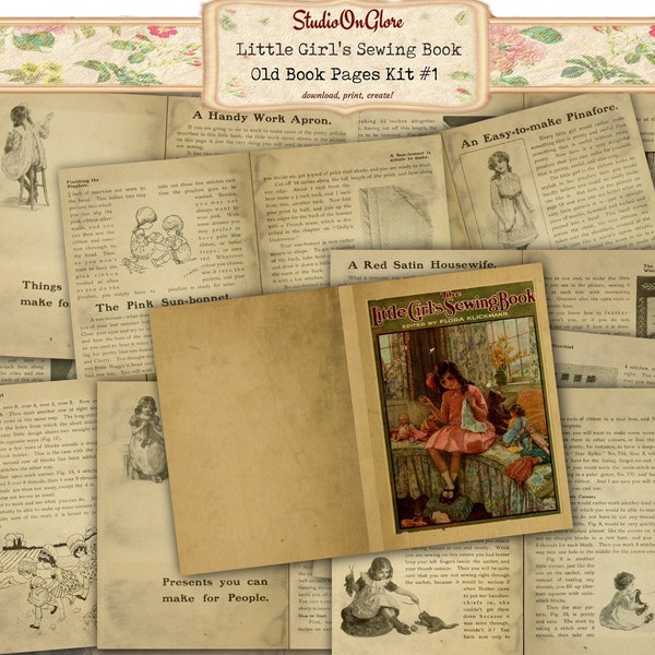 Antique Sewing Book Page Ephemera -14 Sheet Digital Paper Pack: Vintage Little Girl's Storybook. Junk Journal Kit, Scrapbooking Paper