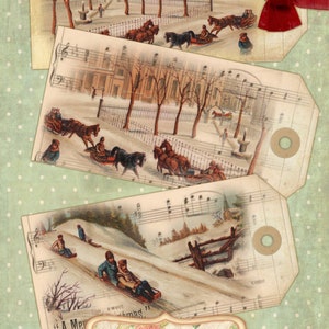 Pu&ograve; includere: Tre cartoline vintage con tema invernale. La cartolina in alto mostra una strada cittadina innevata con persone che viaggiano in carrozze trainate da cavalli. La cartolina centrale mostra una scena simile con persone che vanno in slitta. La cartolina in basso mostra persone che vanno in slitta gi&ugrave; per una collina con una recinzione sullo sfondo. Tutte e tre le cartoline hanno note musicali stampate su di esse.