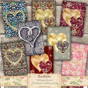 8 cartões de coração para impressão da William Morris. Junk Journal, Decoupage, Confecção de Cartões, Scrapbook. Imagens de 3,5x5" em 2 folhas de colagem para download WM43