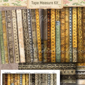 Vintage Tape Measure kit, junk journal embellishment, scrapbook paper, collage sheet, sewing, digital paper, ephemera, rulers, decoupage