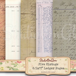 Vintage Antique Ledger Seiten. Fünf 8.5x11" bedruckbare Ephemera für Junk Journals, Scrapbooking, Decoupage. Alte Papiere zum sofortigen Download