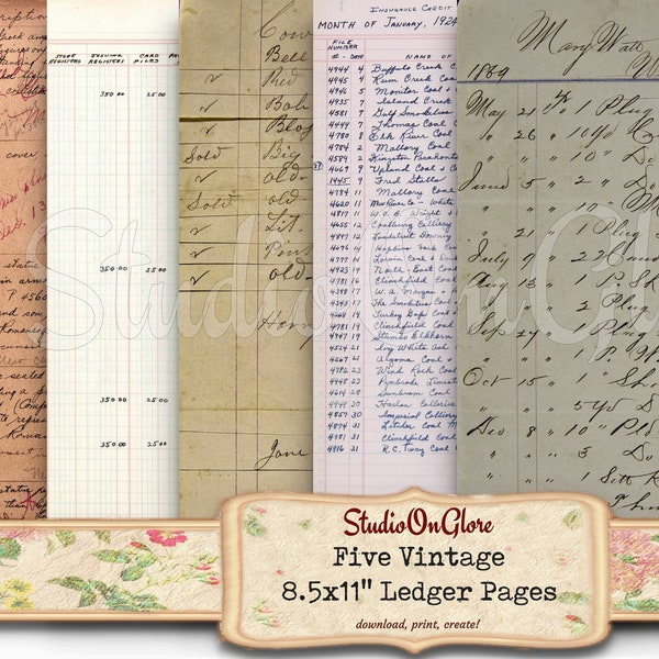 Vintage Antique Ledger pages. Five 8.5x11" Printable Ephemera for Junk Journals, Scrapbooking, Decoupage. Old Papers to Instantly Download