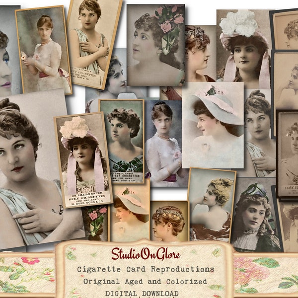 Vintage Cigarette Card Reproductions: Actress Series. 4 Printable Collage Sheets. 1800's Ephemera. Junk Journal, Tags, Labels, Cardmaking