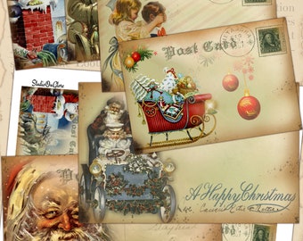 May include: A collection of vintage Christmas postcards. The postcards feature illustrations of Santa Claus, children, and festive scenes. Some cards have stamps and handwritten messages, with the text "A Happy Christmas".