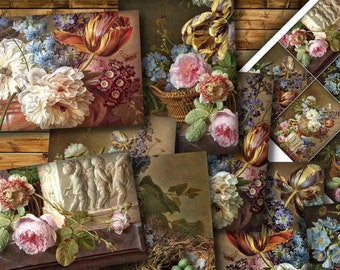 8 Antique Art Floral cards - 2.5x3.5" ACEO Printables - Ephemera Collage Sheet for Junk Journals, Scrapbooking, Decoupage, Hang Tags, Labels