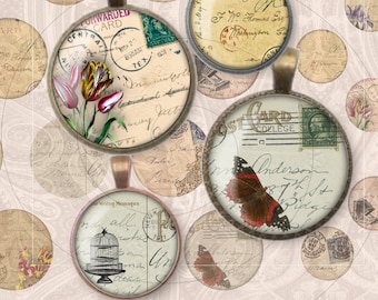 May include: Four round glass pendants with vintage images. The pendants feature a butterfly, a birdcage, a bouquet of tulips, and a vintage postcard. The pendants are on a background of vintage paper with a floral border.