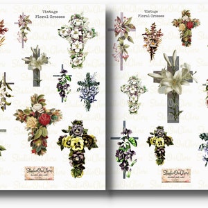 Páginas Recortadas com Detalhes: Clip Art Floral em Cruz. Dois imprimíveis de página inteira. Download instantâneo, Diários de Junção, Scrapbooking, Decoupage, Arte Antiga.