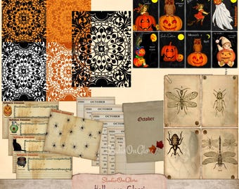 Puede incluir: Un conjunto de hojas de collage digitales con gráficos de Halloween, que incluye mandalas negros y naranjas, ilustraciones de insectos de estilo vintage, páginas de calendario de octubre y tarjetas con calabazas, búhos y fantasmas.