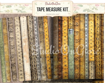 Vintage Tape Measure kit, junk journal embellishment, scrapbook paper, collage sheet, sewing, digital paper, ephemera, rulers, decoupage