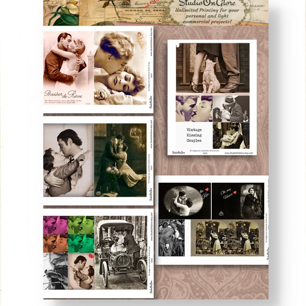Vintage Kissing Couples Kit. 16 Old Photographs. Ephemera for Romantic Junk Journals, Decoupage, Card Making, Smash Journal, Scrapbooks