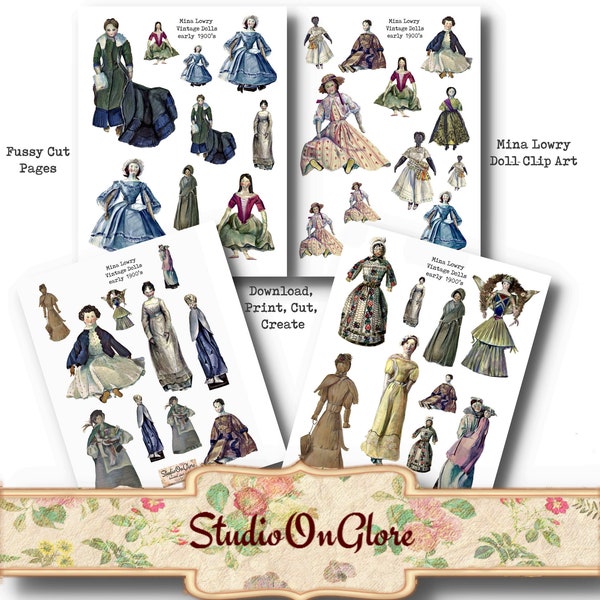 Fussy Cut Pages: Antique Doll Clip Art. 4 Printable Sheets. Instant Download, Junk Journals, Scrapbooks, Decoupage, Antique Toys, DIY Cards