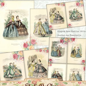 Könnte beinhalten: Eine Collage aus Vintage-Modeillustrationen aus dem Journal des Demoiselles, die Frauen in eleganten Kleidern mit Blumenmustern und Spitzendetails zeigen. Der Text "Elegant Rose Fashion 1800s Journal des Demoiselles" ist oben auf der Collage zu sehen.