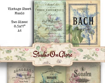 Sheet Music Cover and Antique Floral Collage Kit:  5 Designs in 2 sizes A4 and 8.5x11". For DIY Cards, Junk Journals, Scrapbooks, Decoupage