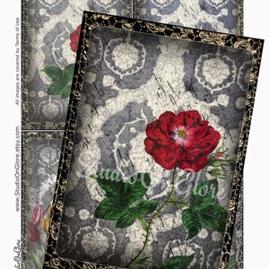 Fleurs rouges vintage sur B&W : Quatre images de 3,5 x 5" sur une feuille de collage imprimable pour journaux indésirables, scrapbooking, découpage, carte de voeux, étiquettes