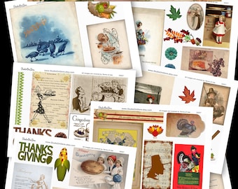May include: A collection of vintage Thanksgiving-themed ephemera, including illustrations of turkeys, cornucopias, and festive scenes. The images feature a variety of colors and styles, with text that reads "Thanksgiving" and "Give Thanks Our Blessings."