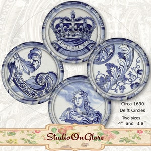 Círculos imprimibles vintage de Delft Blue de 3,8" y 4" - c. 1690, Decoración victoriana, Tarjetas de bricolaje, Posavasos, Decoupage, Álbumes de recortes, Diarios basura 19045