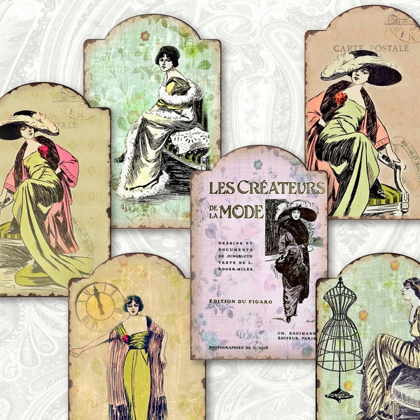 6 Vintage Fashion Ephemera Cards on Printable Collage Sheet for Junk Journal Inserts, Scrapbook Paper, Decoupage, Gift Tags, Labels  19066