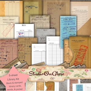 Kit de cartes de bibliothèque antique. Cartes de bibliothèque vintage vierges et utilisées, mots, pochette. Éphémères imprimables pour journaux indésirables, scrapbooking, découpage.