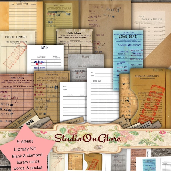 Antique Library Card Kit. Vintage Used & Blank Library Cards, Words, Pocket. Printable Ephemera for Junk Journals, Scrapbooking, Decoupage.