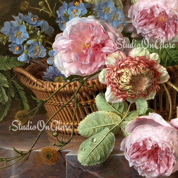 Basket of Blooms, 8x8" Antique Art Printable: digital download by Van Spaendonck. Journals, Scrapbooking, Decoupage, Card Making, Home Decor