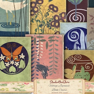 以下が含まれることがあります： 白鶴、蝶、花柄、渦巻き模様など、さまざまなデザインが施されたヴィンテージな日本の本の表紙のコラージュ。画像の下部に「Studio On Glore Vintage Japanese Book Covers」というテキストがあります。