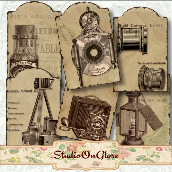 Vintage Photographer Ephemera Hang Tags. 12 Camera Themed Printables, Collage Sheets for Decoupage, Gift Tags, Scrapbooking, Junk Journals