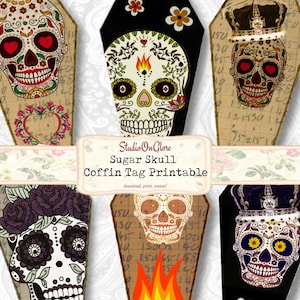 Tag der Toten Sugar Skull Sarganhänger - Bogen mit 6 Printables. Junk-Journal, Kartengestaltung, String-Etiketten, Geschenkanhänger, Scrapbooking