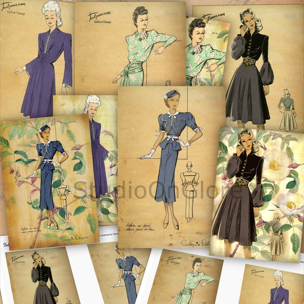 1940's Vintage French Fashion Plates. 4x6" & Index Sz Digital Ephemera. Junk Journal, Scrapbooks, Decoupage, Hang Tags, Card Making, Labels