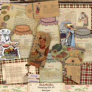 Recetas para libros de conservas, etiquetas, palabras, bolsillo, clipart. Kit de efímeras digitales. Cuatro hojas de collage para diarios basura, álbumes de recortes y tarjetas.