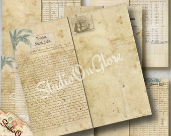 Travelers Notebook Captain's Diary Ephemera Kit. 10 Digital Fauxdori Pages, 3 Liners. Printable Antique Paper TN, Junk Journal, Scrapbooking
