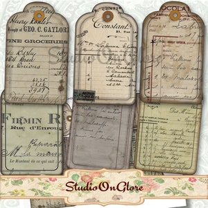 6 Vintage Quittungs Anhänger - Handgeschriebene Ephemera für Junk Journals, Scrapbooking, Decoupage, Geschenke, Verpackungen, Gläser, Etiketten 19002